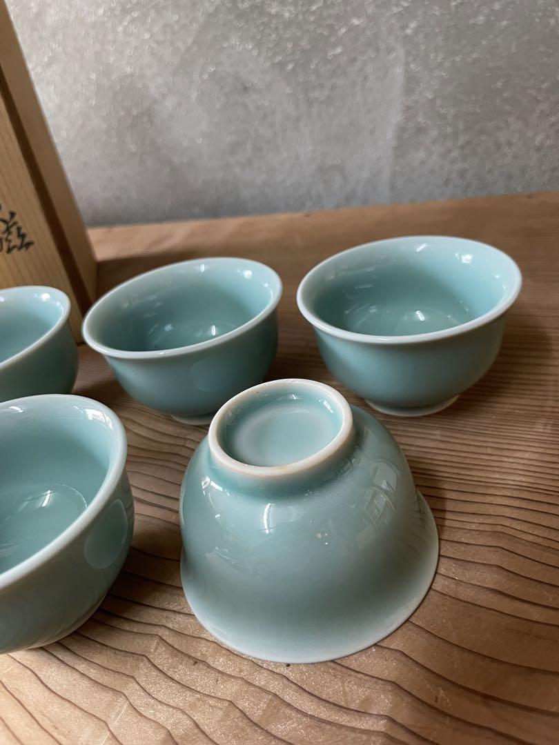 天然砧青磁 ぐい呑揃 彩雲作 【m609 箱付 骨董 レトロ 酒器