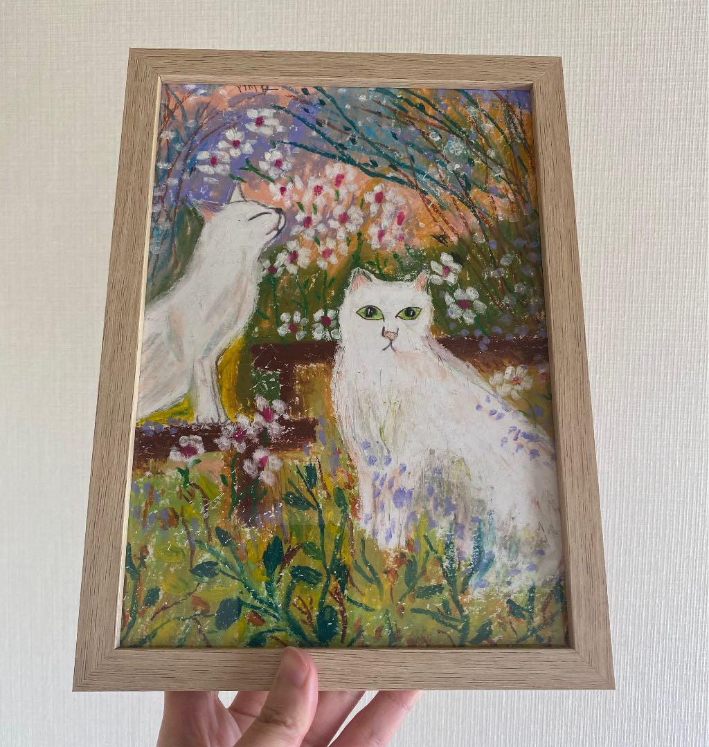 クリアランス店舗 絵画 。壁掛け絵原画【二匹の白い猫の春日デート】 クリアランス店舗 絵画 。壁掛け絵原画【二匹の白い猫の春日デート】