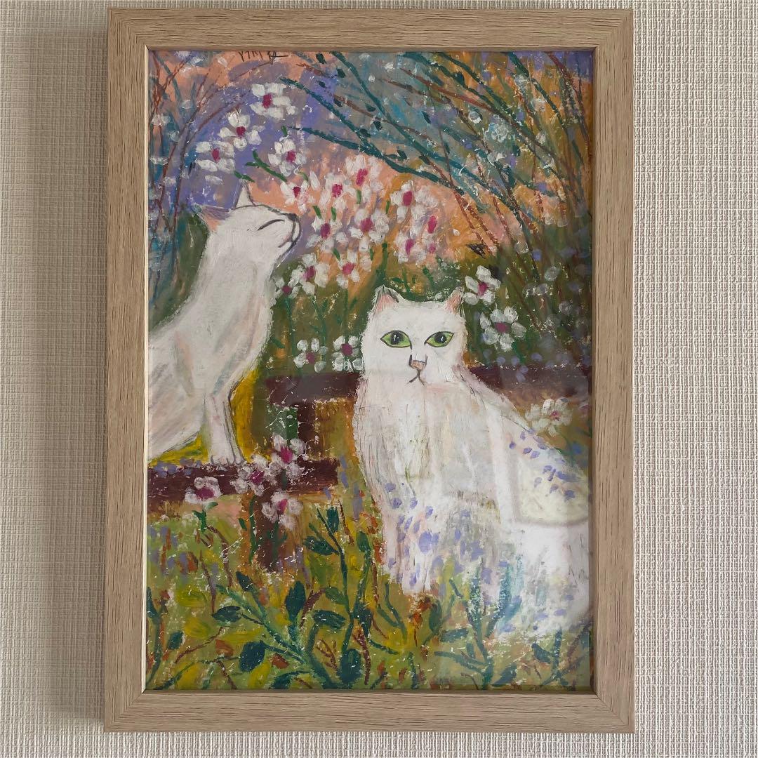 クリアランス店舗 絵画 。壁掛け絵原画【二匹の白い猫の春日デート】 クリアランス店舗 絵画 。壁掛け絵原画【二匹の白い猫の春日デート】