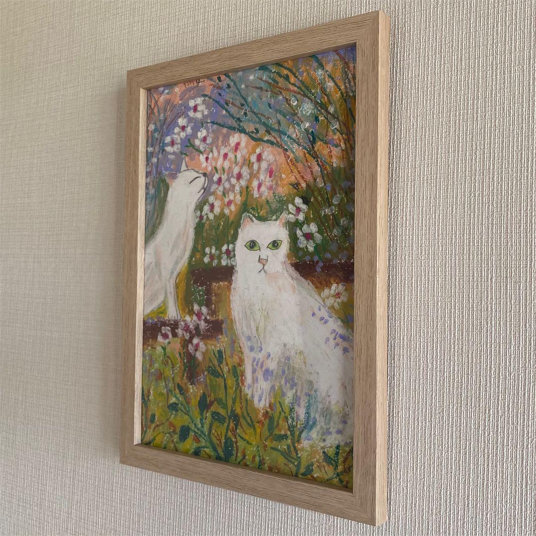 クリアランス店舗 絵画 。壁掛け絵原画【二匹の白い猫の春日デート】 クリアランス店舗 絵画 。壁掛け絵原画【二匹の白い猫の春日デート】