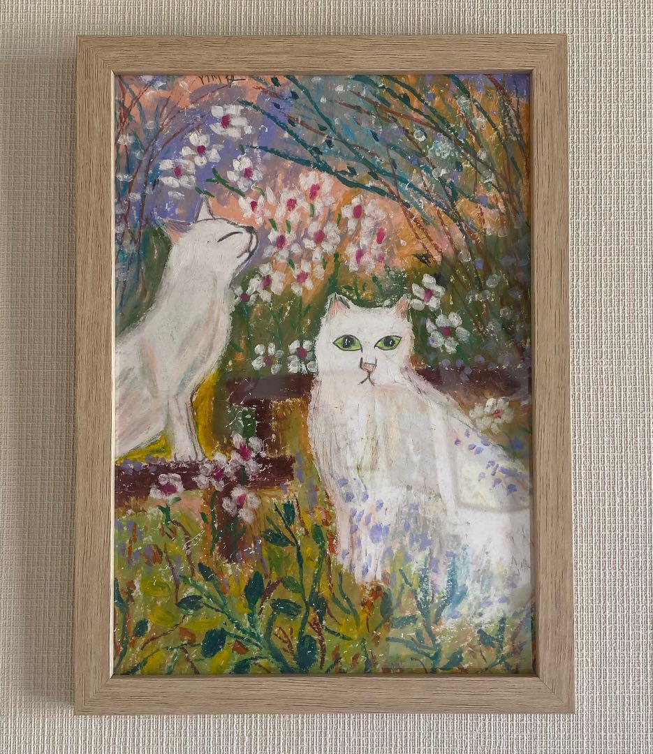 クリアランス店舗 絵画 。壁掛け絵原画【二匹の白い猫の春日デート】 クリアランス店舗 絵画 。壁掛け絵原画【二匹の白い猫の春日デート】