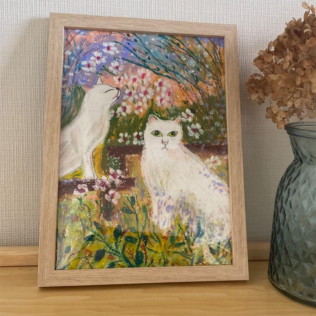 クリアランス店舗 絵画 。壁掛け絵原画【二匹の白い猫の春日デート】 クリアランス店舗 絵画 。壁掛け絵原画【二匹の白い猫の春日デート】