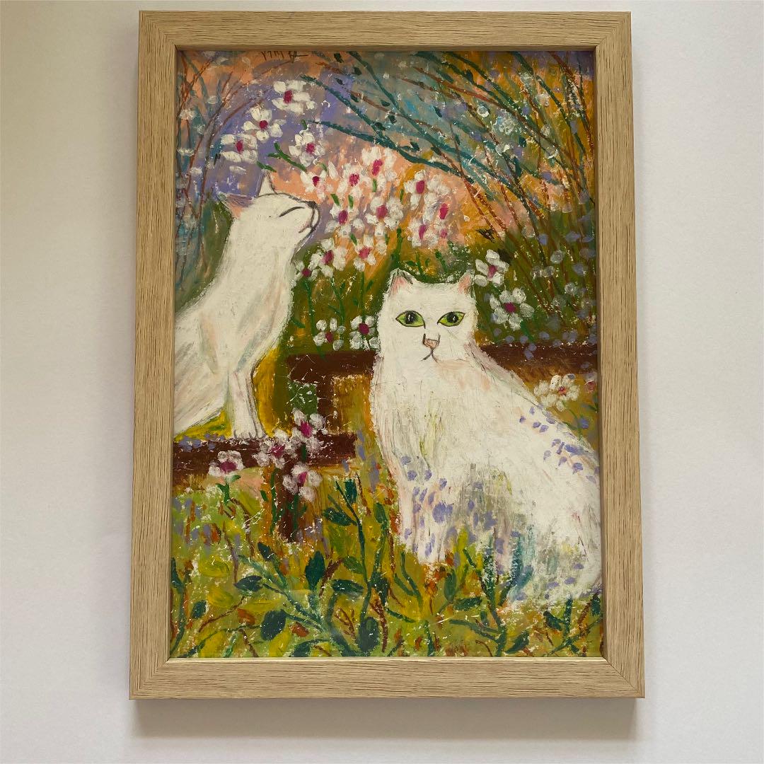 クリアランス店舗 絵画 。壁掛け絵原画【二匹の白い猫の春日デート】 クリアランス店舗 絵画 。壁掛け絵原画【二匹の白い猫の春日デート】