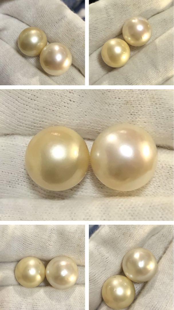 K14WG 天然南洋白蝶ゴールデン真珠　丸系ピアス　14.55/14.20mm