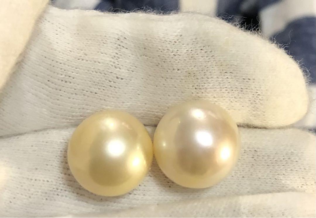 K14WG 天然南洋白蝶ゴールデン真珠　丸系ピアス　14.55/14.20mm