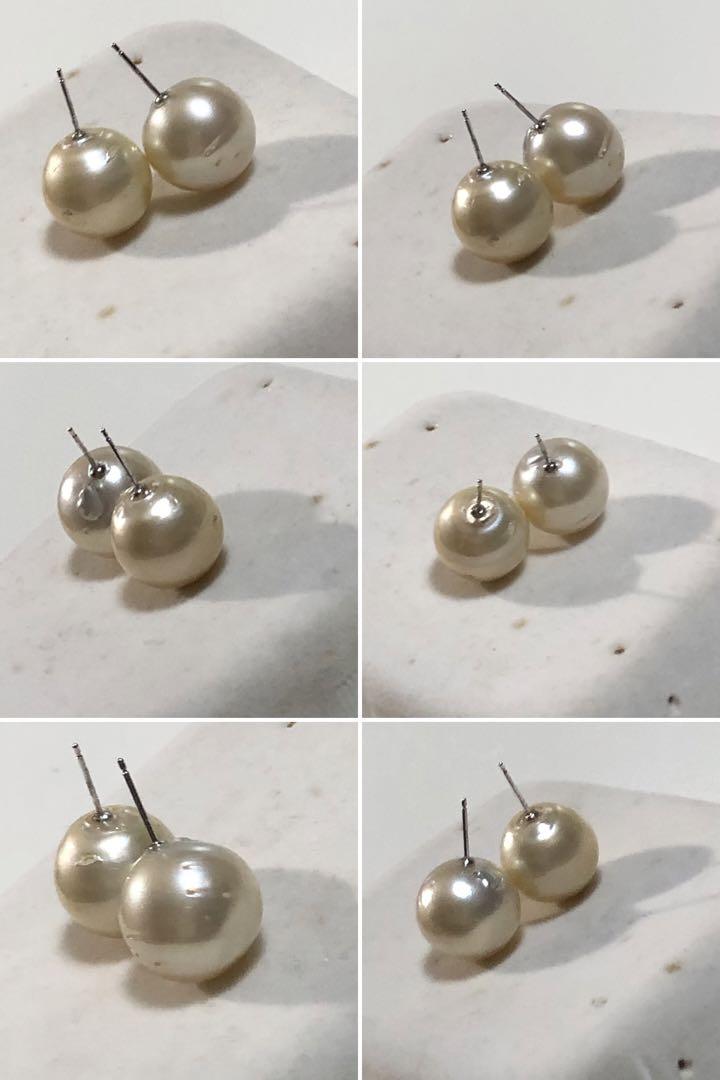 K14WG 天然南洋白蝶ゴールデン真珠　丸系ピアス　14.55/14.20mm