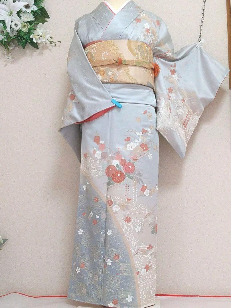 訪問着 ブルーグレー ベージュ 友禅 B8n4q-m40352498530 袷 金彩加工 お得限定品