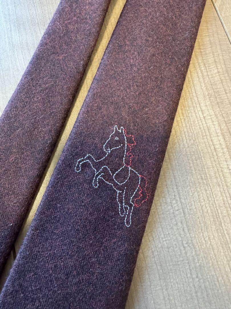 美品！フランス製 HERMES エルメス ネクタイ　馬・Hロゴ刺繍入り ウール