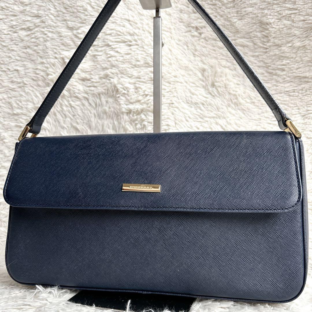 極美品!BURBERRY フォーマル ハンドバッグ ロゴプレート ネイビー バッグ