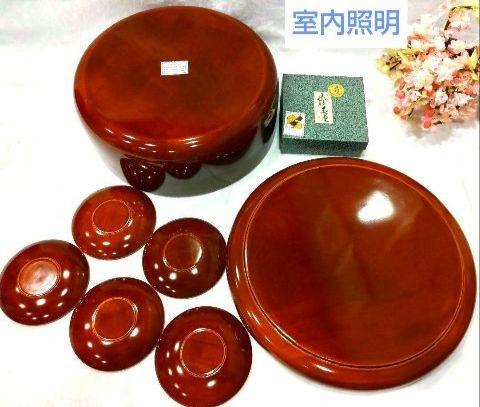 ラウンド  飛騨春慶塗 特大お茶櫃 天然木 伝統工芸 茶托5枚 蓋兼丸盆尺1 工芸品