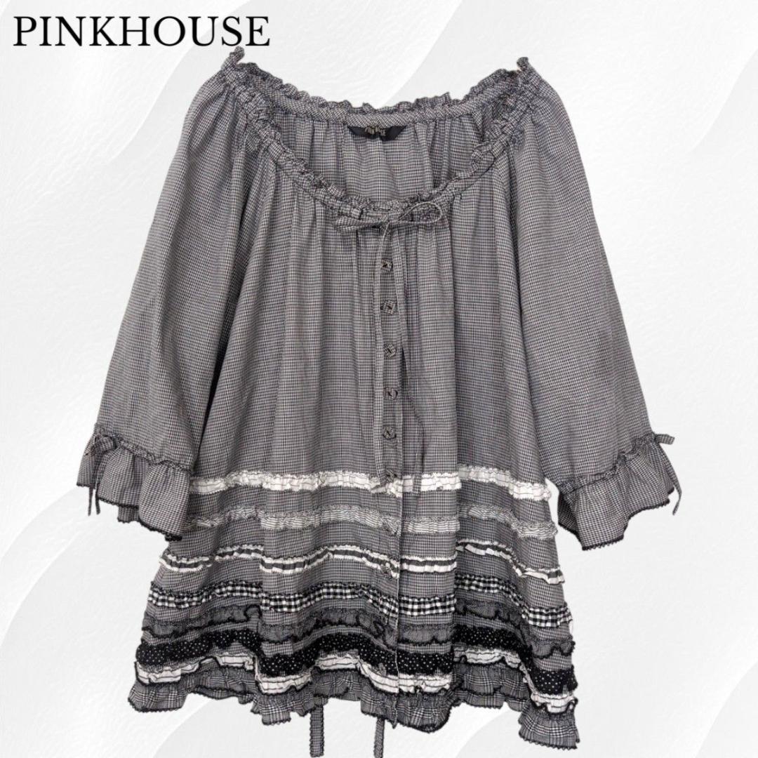PINKHOUSE　ブラウス　ピコフリル　ギャザー　チェック　リボン