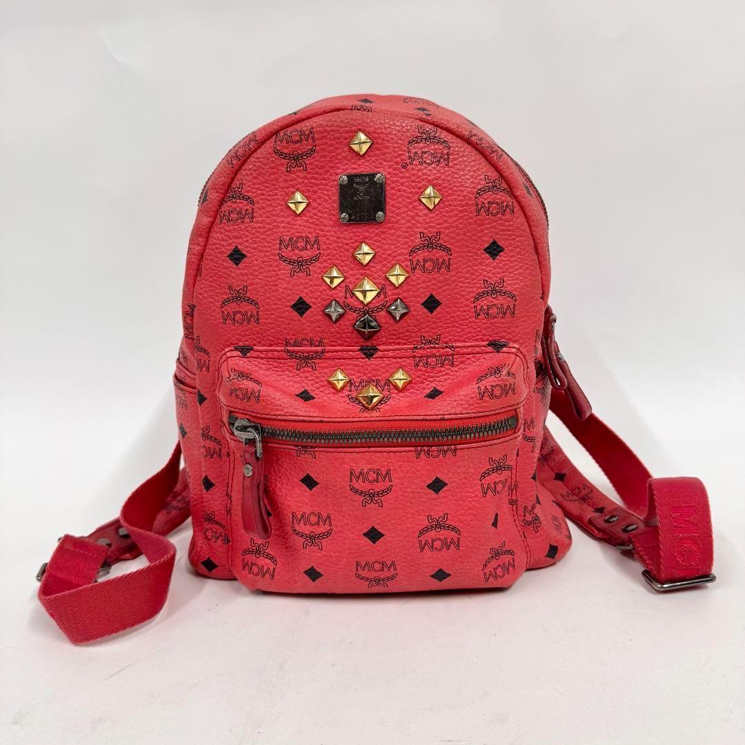 h47【美品】MCM レザー　スタッズ　レッド　赤　ヴィセトス柄　リュック MCM - 本物 エムシーエム MCM ヴィセトス スタッズ リュック