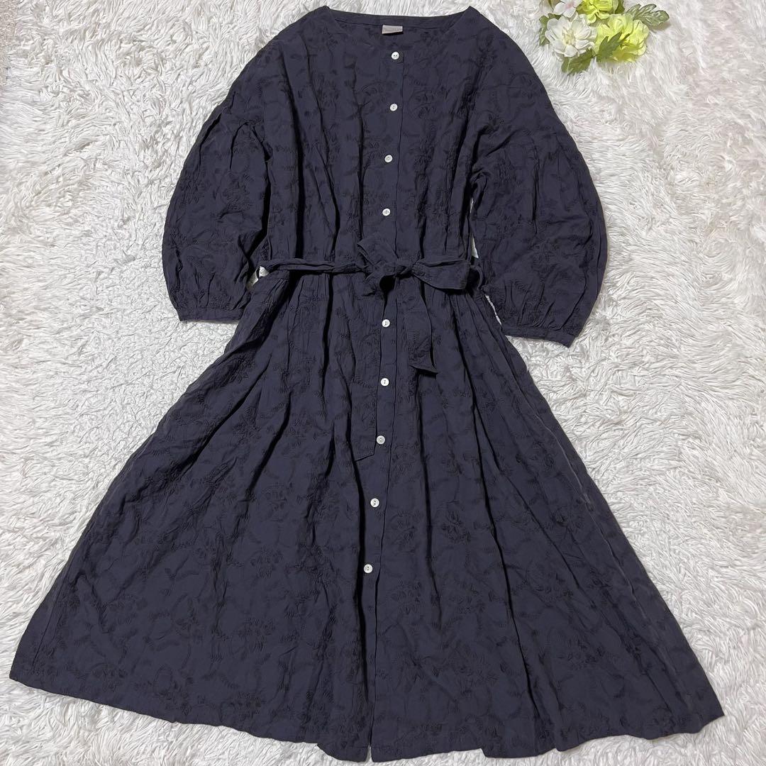TSUHARU ボリューム袖ワンピース リボンベルト付 総柄 刺繍 フリーサイズ