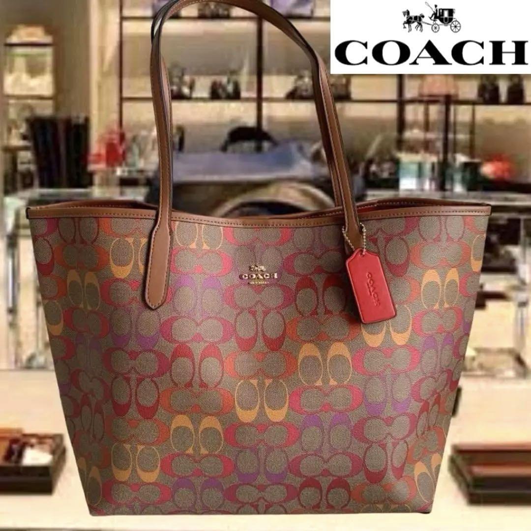 COACH バッグ トートバッグ カーキマルチ×レッドウッド レインボー