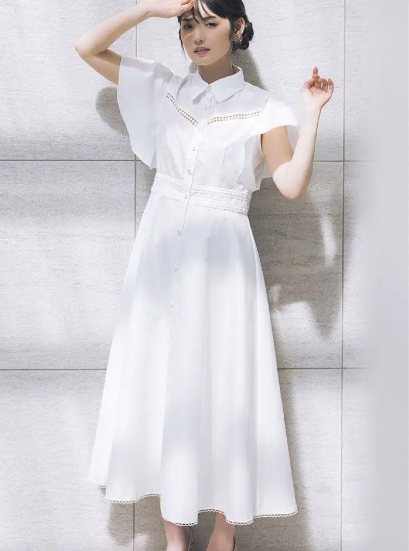 新品未開封＊トッコ　ラインレースフレアスリーブシャツワンピース　ホワイト春夏上品