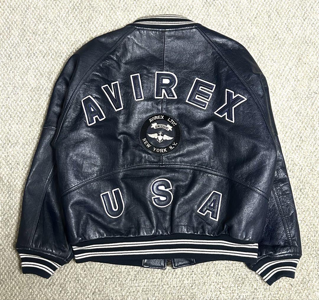 ③AVIREX レザースタジャン青★ハーレーninjaショベルUSA