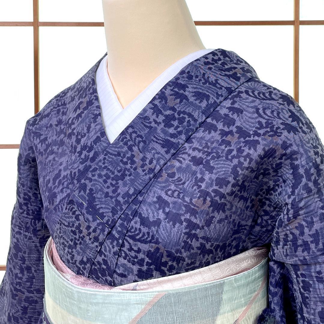 夏着物 麻ちぢみ 流水 草花柄 藤グレー 青紫 ビンテージ 着物 A
