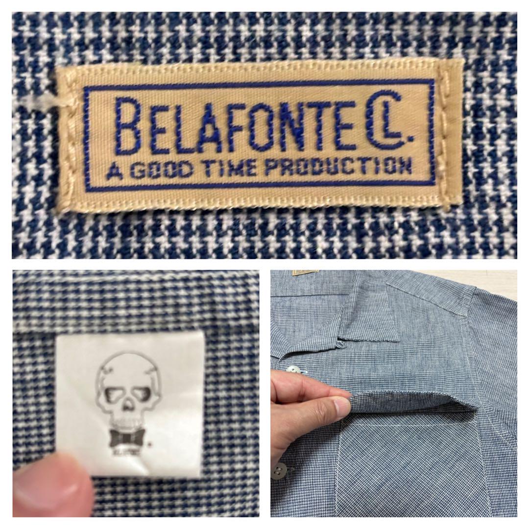 良品■BELAFONTE■オープンカラー シャツ ハウンドトゥース 蝶タイ刺繍