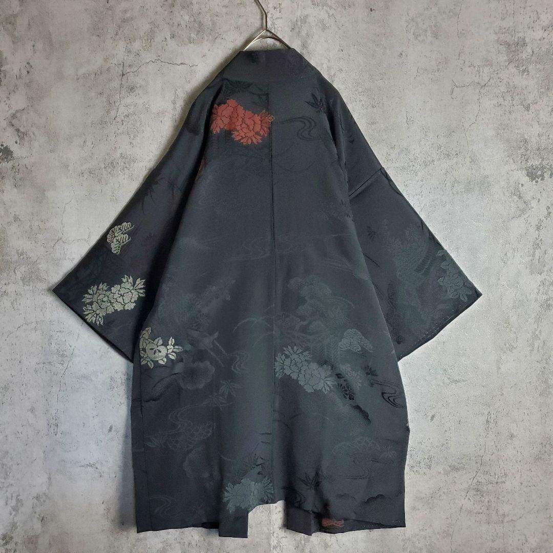 【ヴィンテージ】羽織 着物カーディガン モード 刺繍 花柄 和柄 黒 赤 レトロ