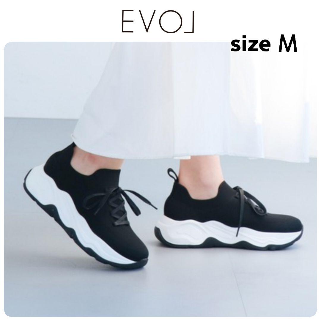 輝く高品質な EVOL 完売品 未使用 ニットレースアップスニーカー ブラック M 靴