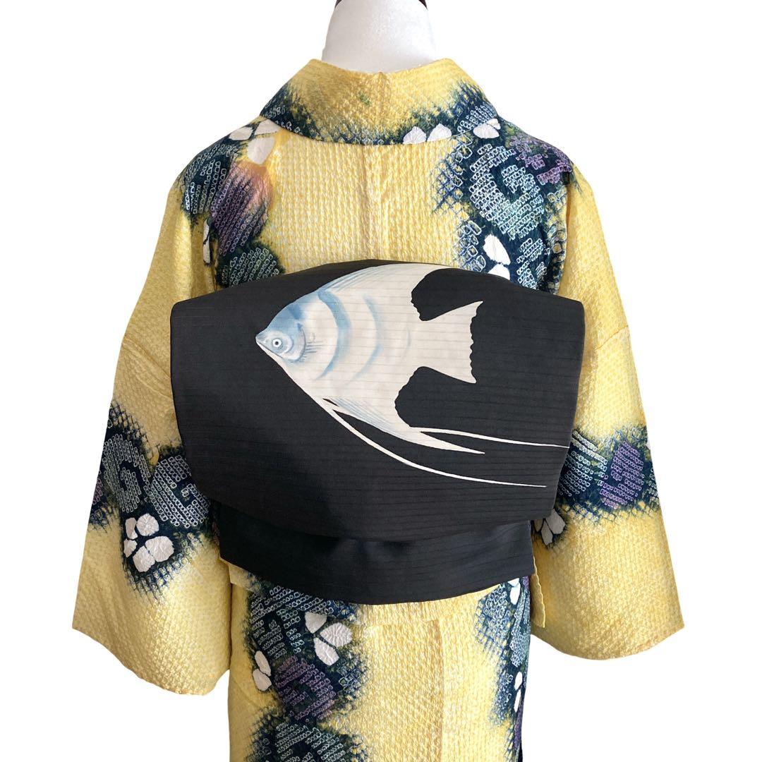 ぐるぐる渦巻き　黄色　花模様　有松絞り　絞り染め　浴衣　NO16