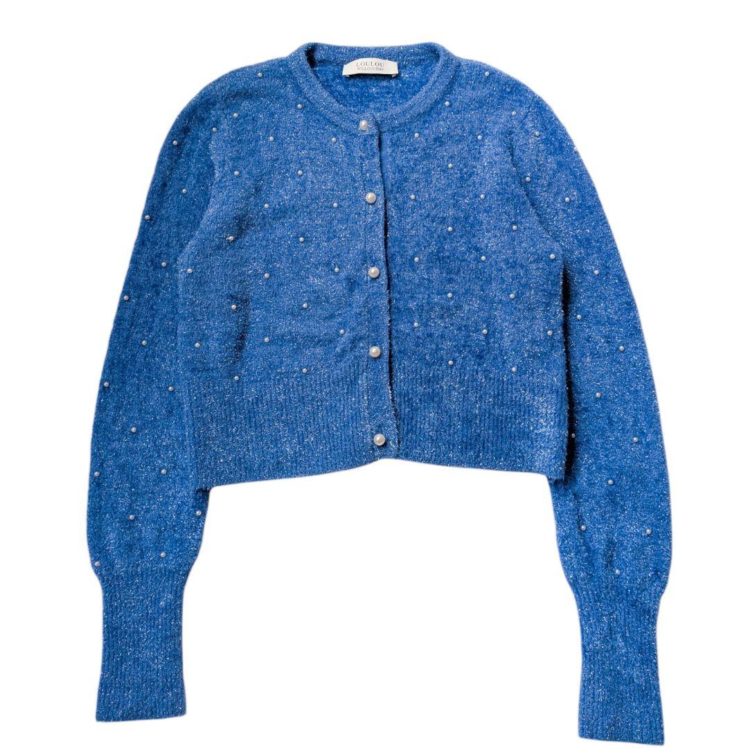 美品 ルルウィルビー パールスタッズカーディガン ブルー M