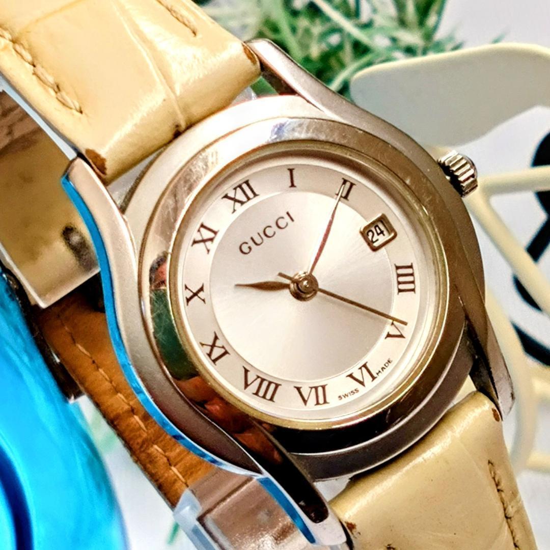 良品 GUCCIグッチ レディース腕時計シルバー5500Lセレブ 白革ベルト €