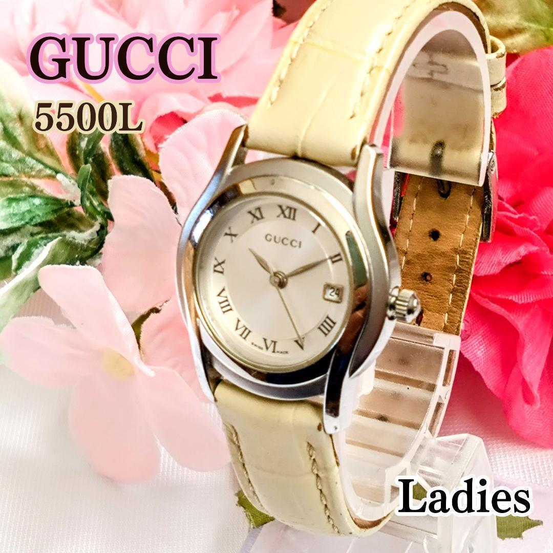 良品 GUCCIグッチ レディース腕時計シルバー5500Lセレブ 白革ベルト €