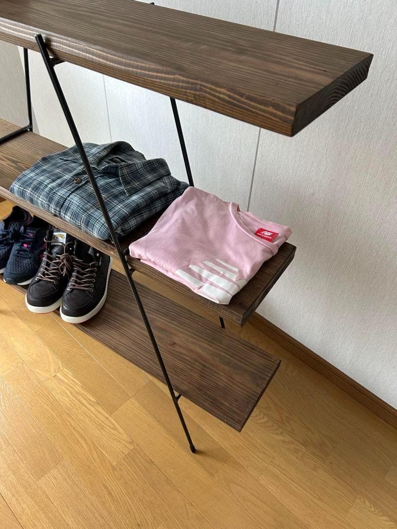 マルシェ　【カフェ板×アイアン】　カフェ板3段シェルフ　古材風ジャコビーン仕上げ