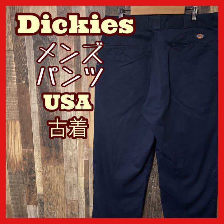 ディッキーズ メンズ ネイビー ワーク ロゴ L 34 パンツ 古着 90s