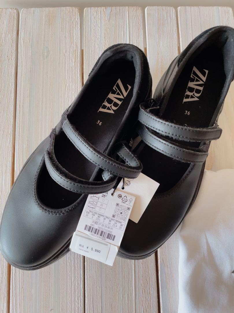 新品☆シューズ袋有り・ZARA ブラック バレエ 厚底 ストラップシューズ 36