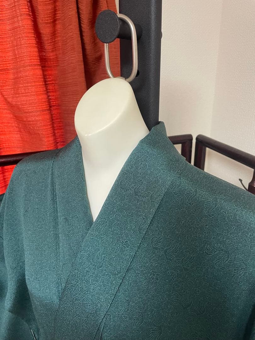 【美品】着物　人間国宝　中村勇次郎作　色無地　一つ紋　153cm 緑　落款有り