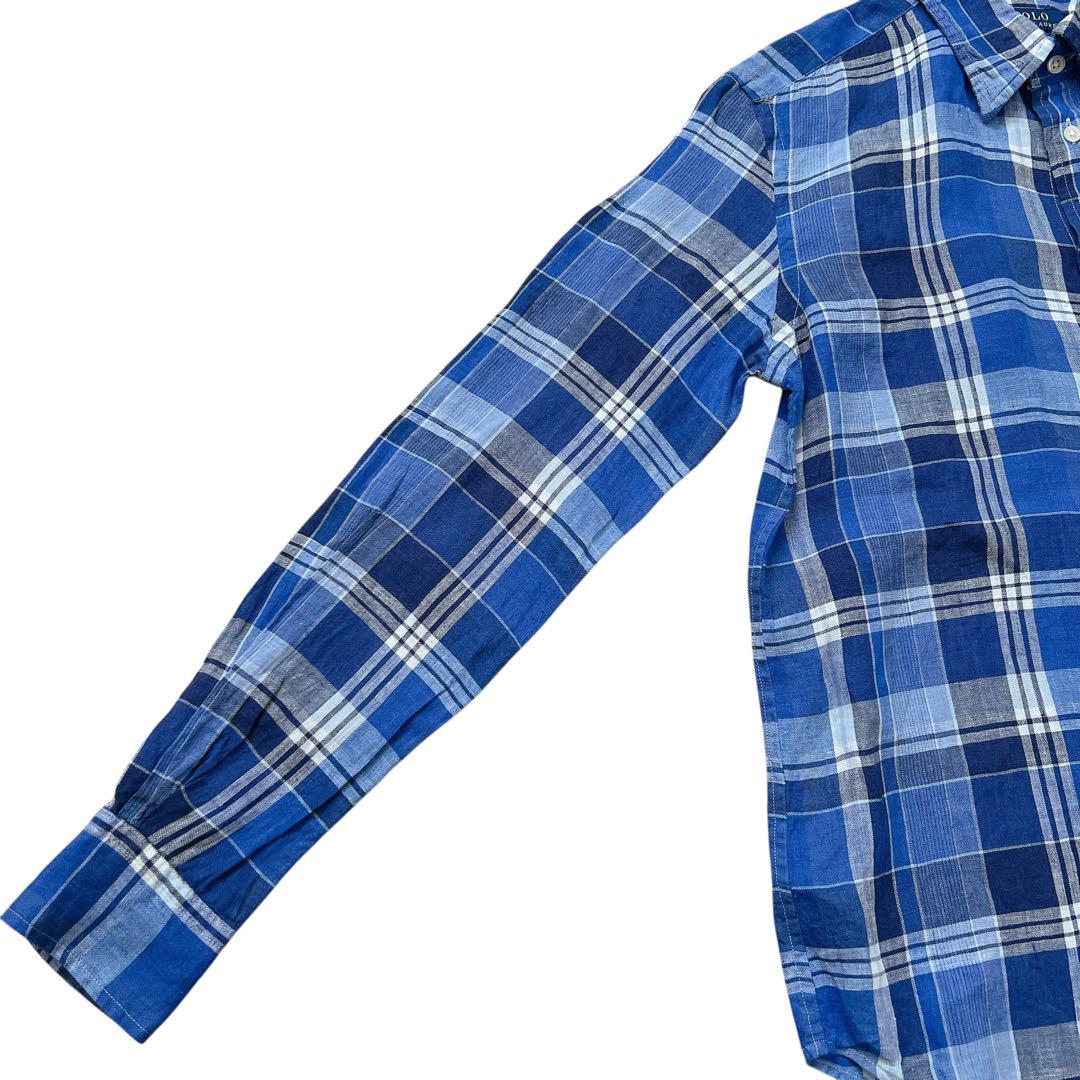 POLO Ralph Lauren　チェック柄リネンシャツ　青　リラックス　XS