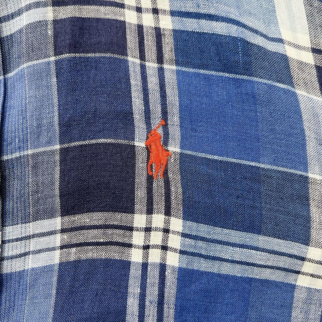 POLO Ralph Lauren　チェック柄リネンシャツ　青　リラックス　XS