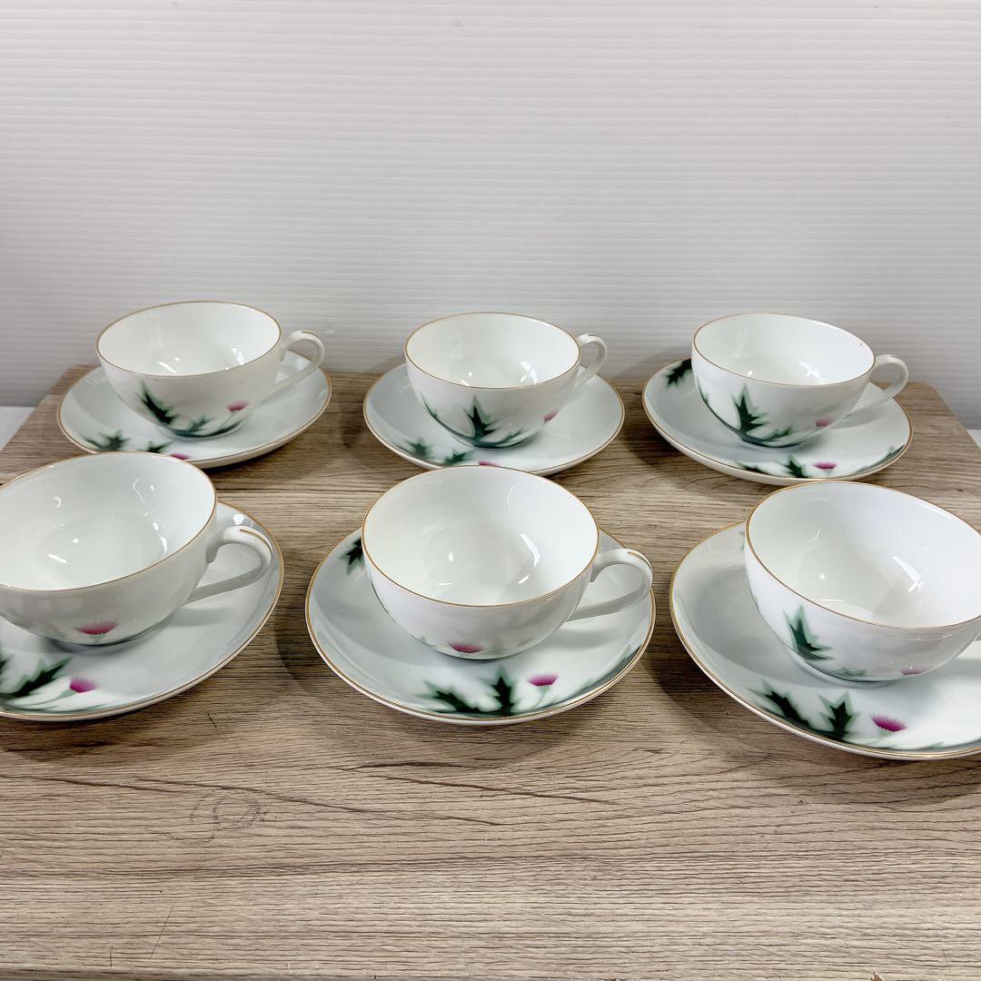 深川製磁　あざみ　カップ&ソーサー　6客セット　白磁　金縁　花