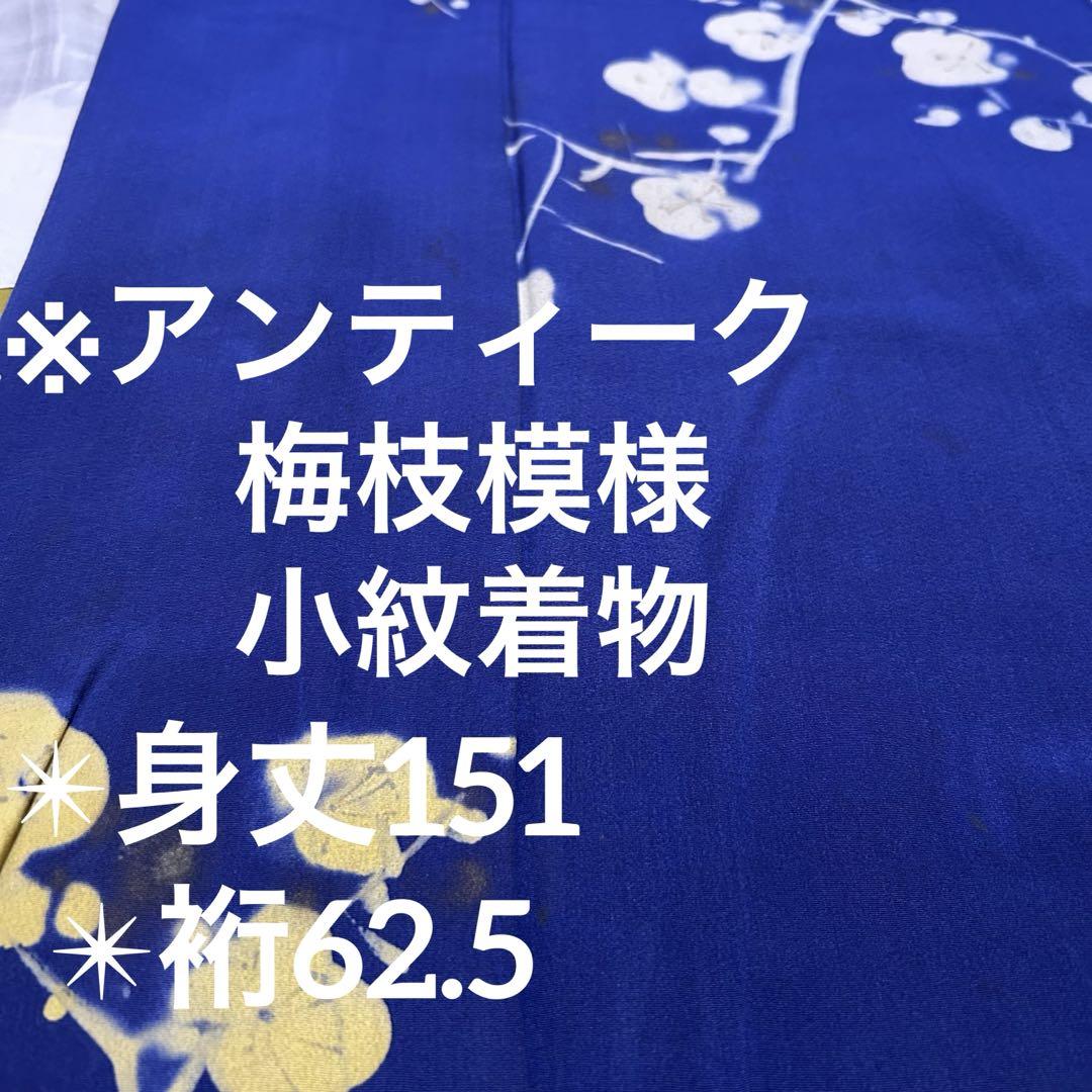 アンティーク 紺色 小振り袖 小紋 梅枝模様 正絹 バチ衿 袷YK-1160