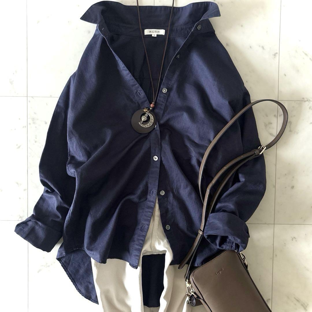 美品　PLST プラステ　コットンリネンシャツ　洗える　ネイビー　M 麻　濃紺