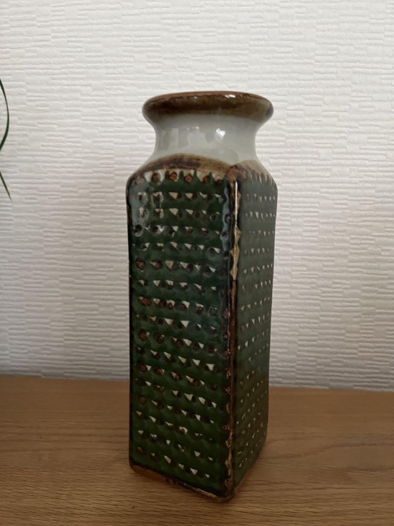 ＊メキシコ＊トナラ焼き　民芸品　フラワーベース 花瓶　グリーン/スクエア 24㎝