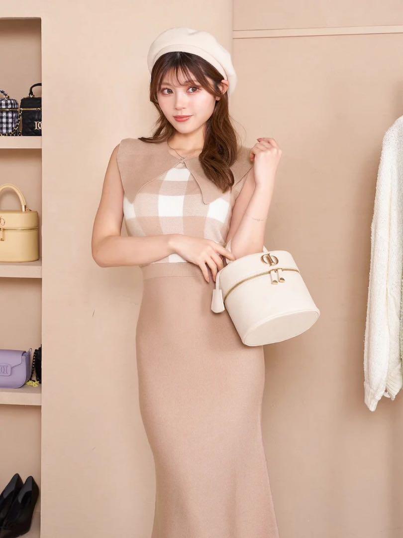 【新品タグ付き】darich ビッグカラーギンガムチェックニットロングワンピース