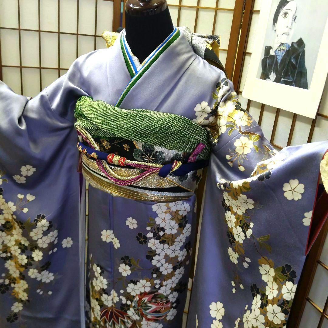 330.シルバーグレー鞠と花　振袖正絹6点フルセット　成人式卒業式