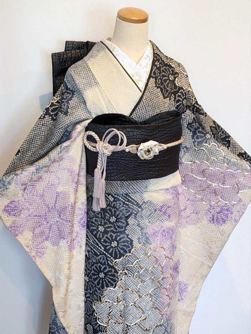 総絞り 振袖フルセット 身丈167裄66.5 牡丹花文 黒 紫 暈し染め 逸品