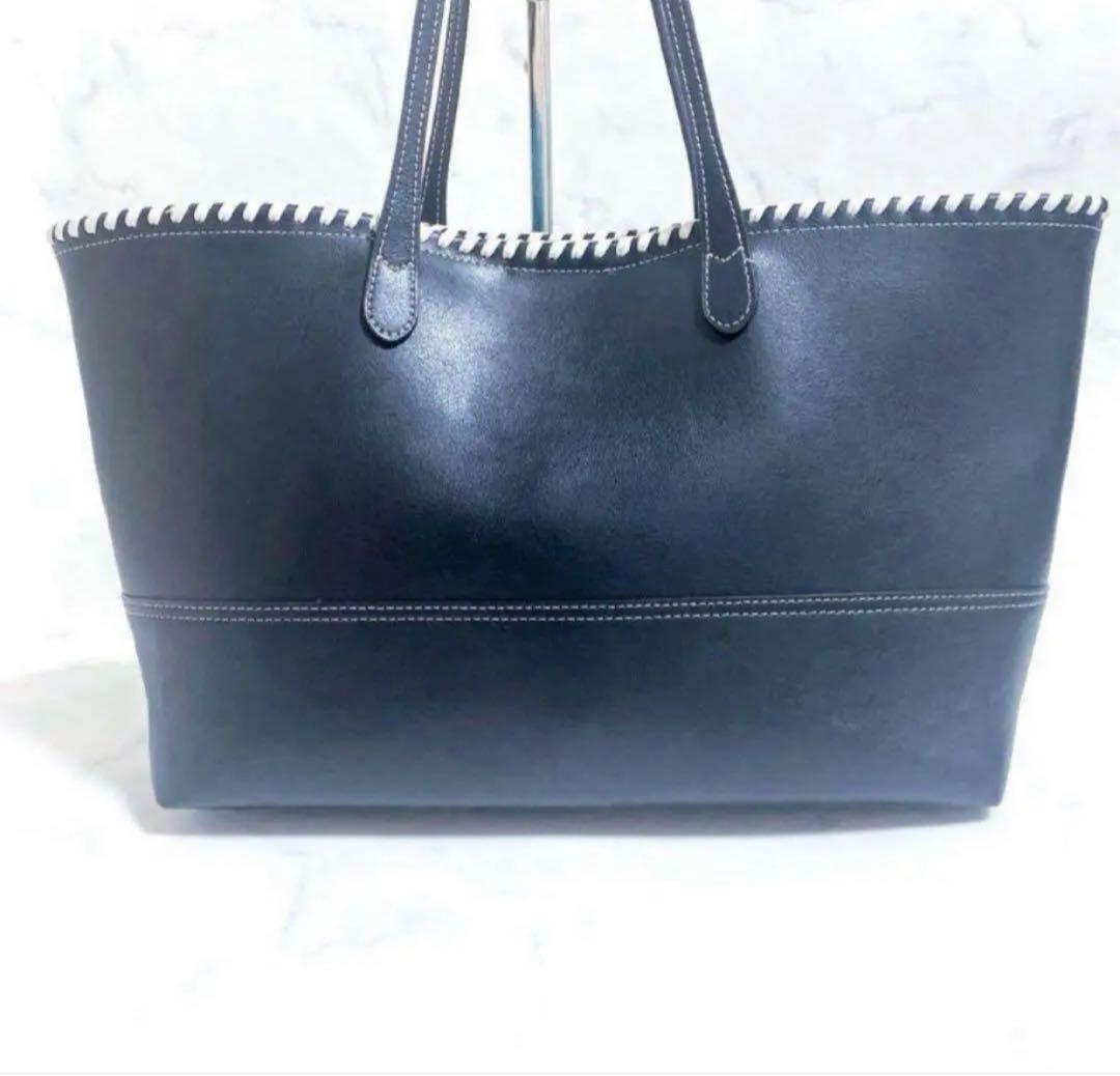 最安値 極美品 キタムラ 通勤 ポーチ付き A4可 ネイビー 肩掛け トート バッグ