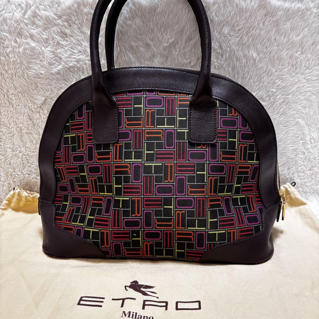 【廃盤】【美品】ETRO エトロ　ハンドバッグ　ロゴプリント　ブラウン　レザー