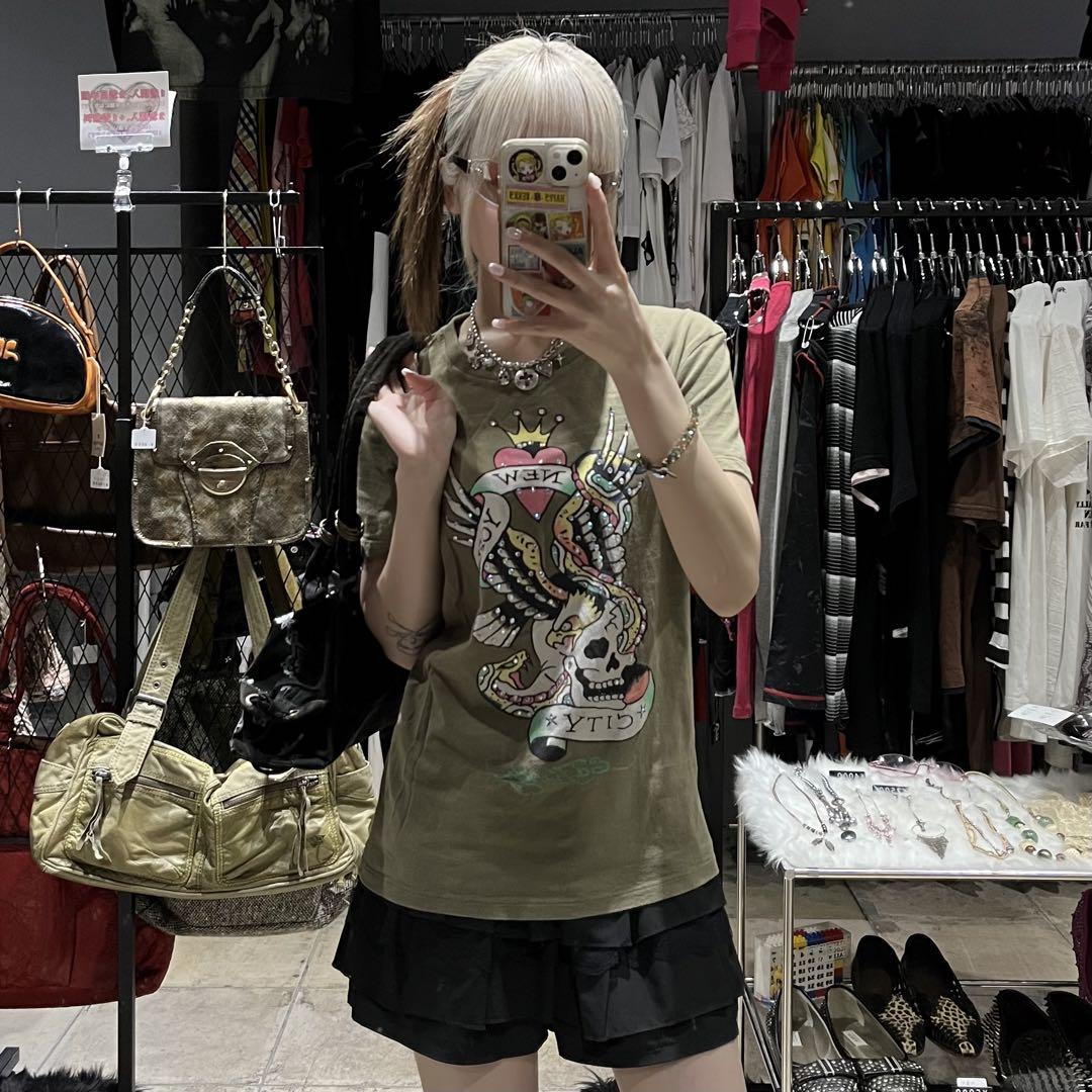 エドハーディ　ラメ　カーキ　Tシャツ　ドクロ　y2k 平成　グランジ　髑髏