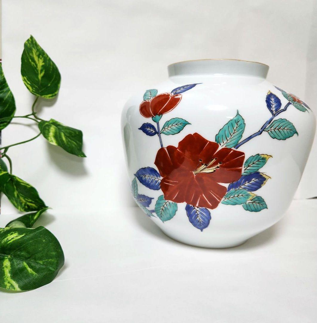 陶器製の花瓶 赤い花と緑の葉ハイビスカス22.5×22cm-人気商品多数