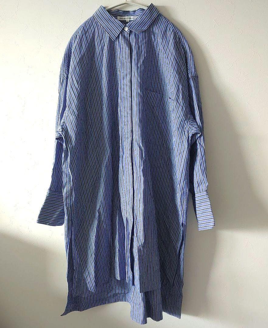 大きめサイズ　23区　青と白のストライプ ロングシャツワンピース　美品