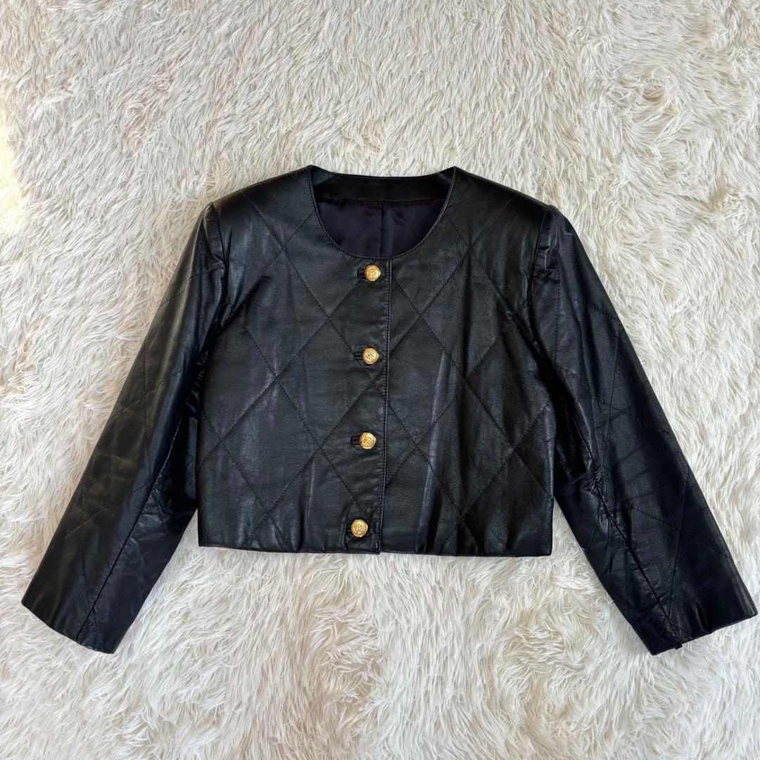レザー キルティング ノー ジャケット 金ボタン ヴィンテージ ショート丈 SIZE