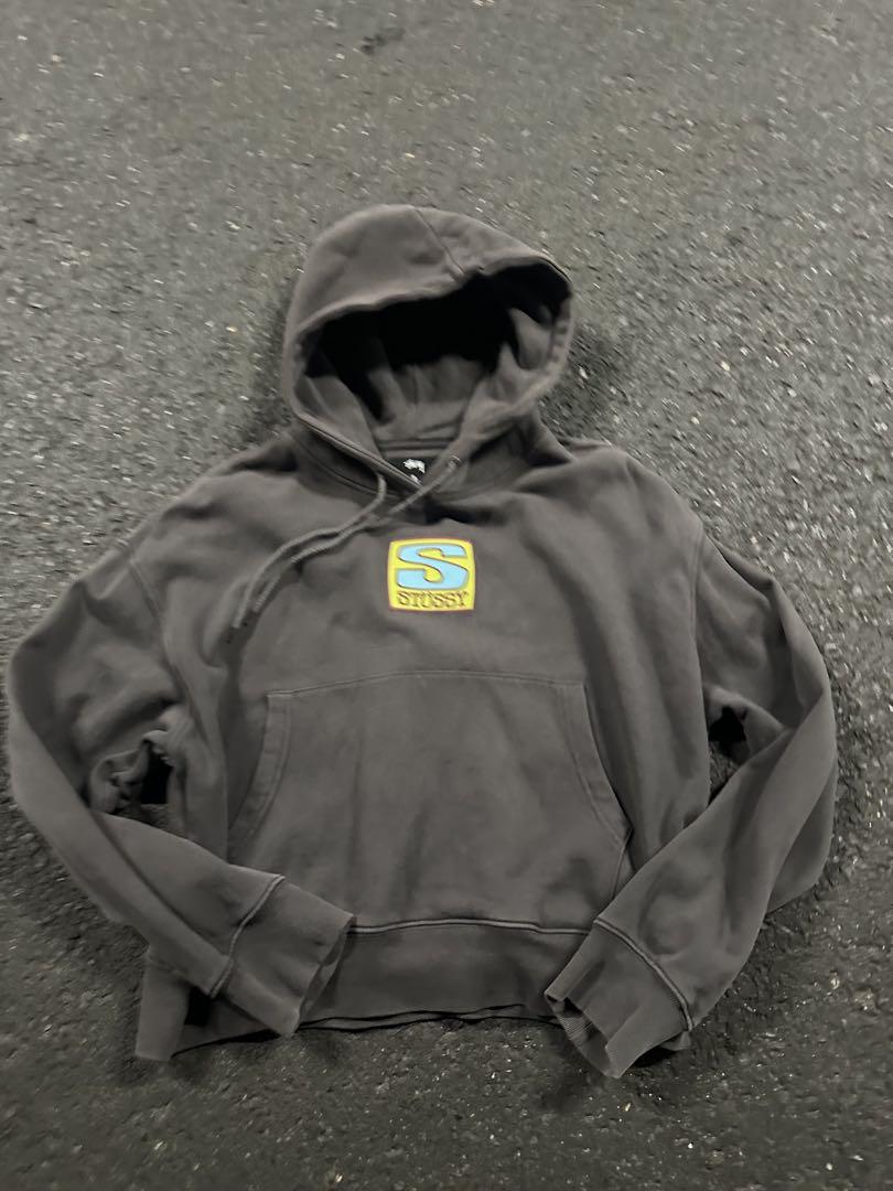 old stussy フーディー 黒 フェード ロゴ y2k 短丈 黒タグ