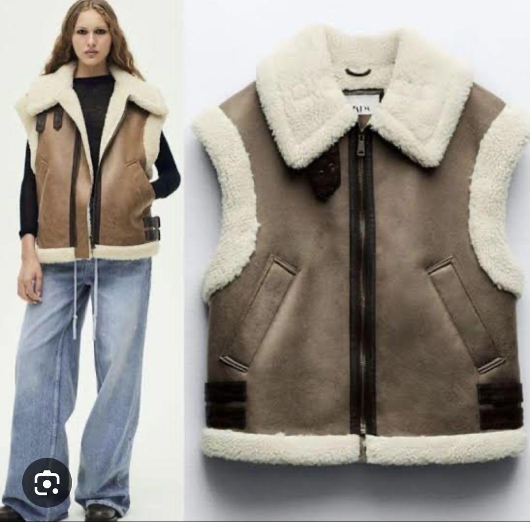 ZARA コントラスト フェイクムートン ボア ベスト