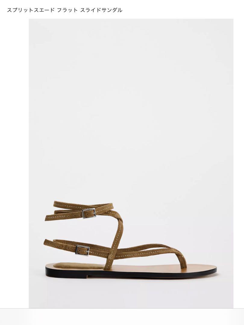 スペイン発送 ZARA メタル装飾付きフラットスエードサンダル メタルビジュー付きスプリットスエードフラットサンダル